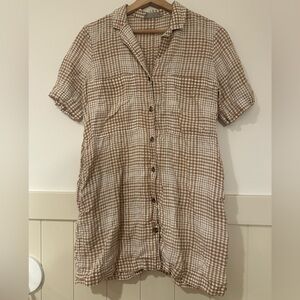 Everlane Tan Plaid Dress 100% linen pockets casual size S